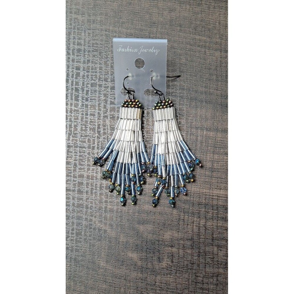 Handmade Beaded Dangle Earrings White and Gray